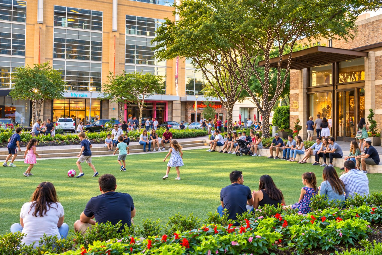 Families relaxing and children playing on the CityCentre green beside shops and cafés